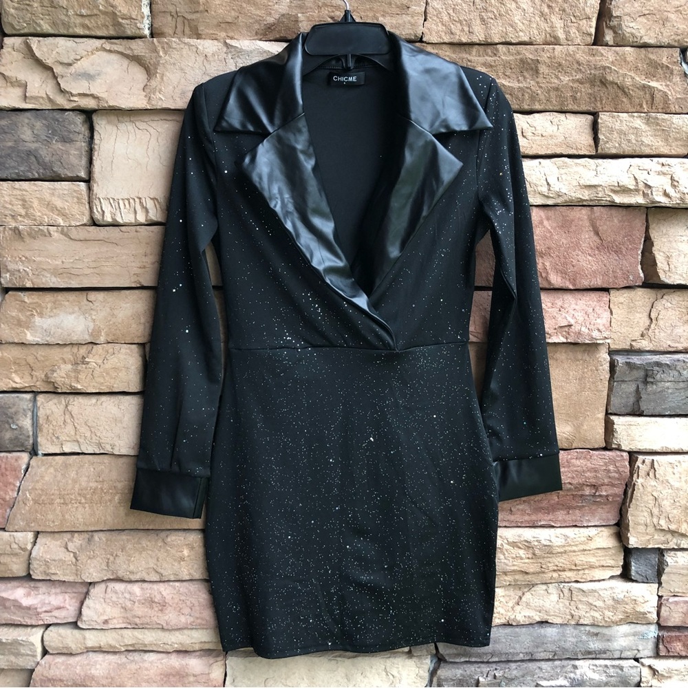 Chicme black silver detail long sleeve collared stretch dress party New Small